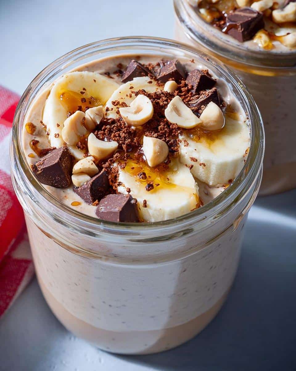 Close-up of Blended Overnight Oats topped with banana slices, chocolate chunks, hazelnuts, and honey.