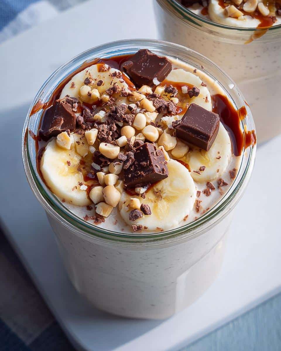 Close-up overhead view of Blended Overnight Oats topped with banana slices, chocolate chunks, nuts, and caramel sauce.