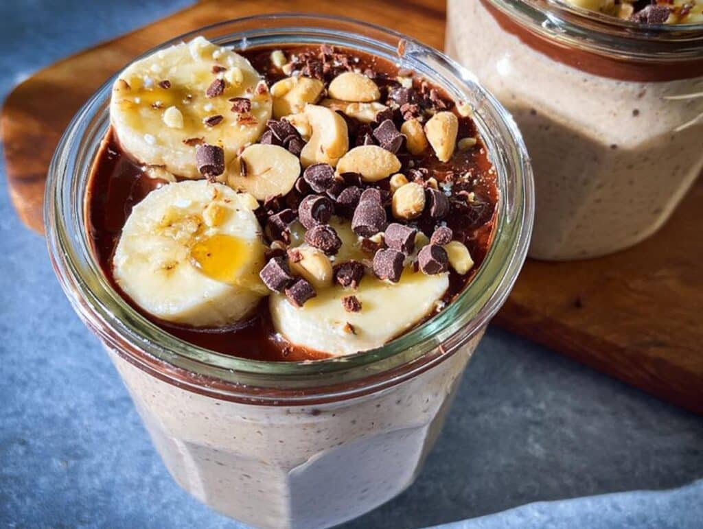Close-up of Blended Overnight Oats topped with banana slices, chocolate chips, cashews, and a drizzle of honey.