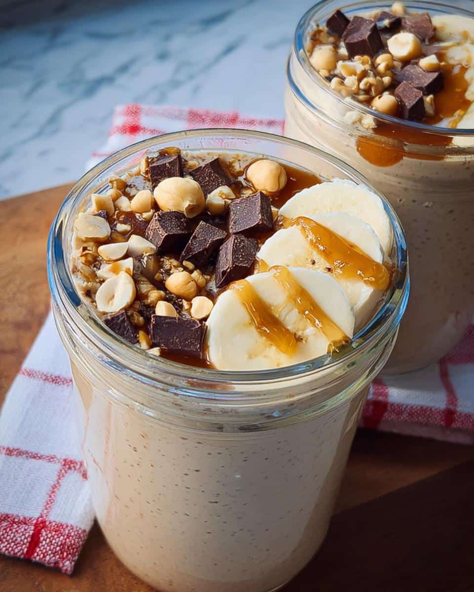 Close-up of blended overnight oats topped with banana slices, chocolate chunks, hazelnuts, and caramel sauce.