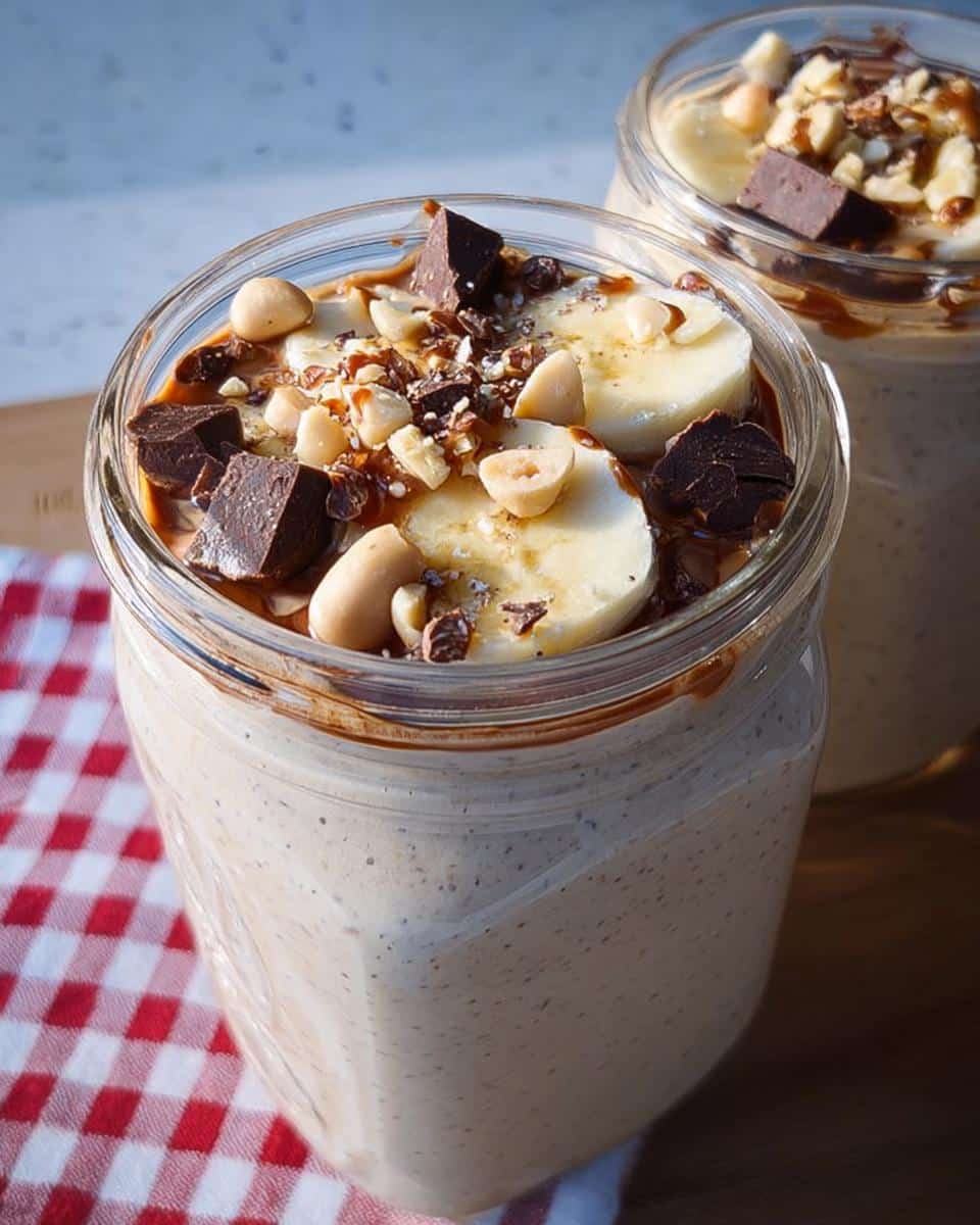 Close-up of Blended Overnight Oats topped with banana slices, chocolate chunks, and nuts.