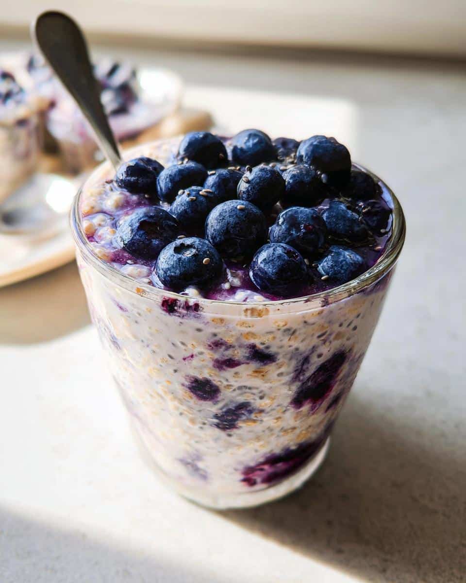 Close-up of creamy Blueberry Almond Overnight Oats topped generously with fresh blueberries and chia seeds in a clear glass.