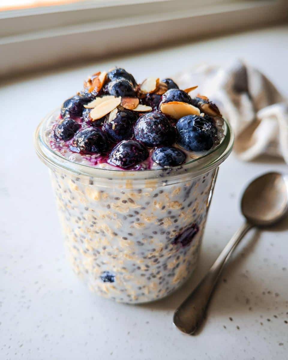 Overnight oats topped with fresh blueberries, sliced almonds, and a spoon nearby.