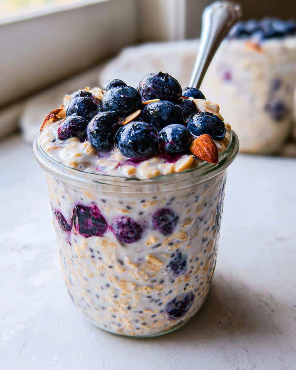 Close-up of Blueberry Almond Overnight Oats topped with fresh blueberries and almonds in a glass jar.