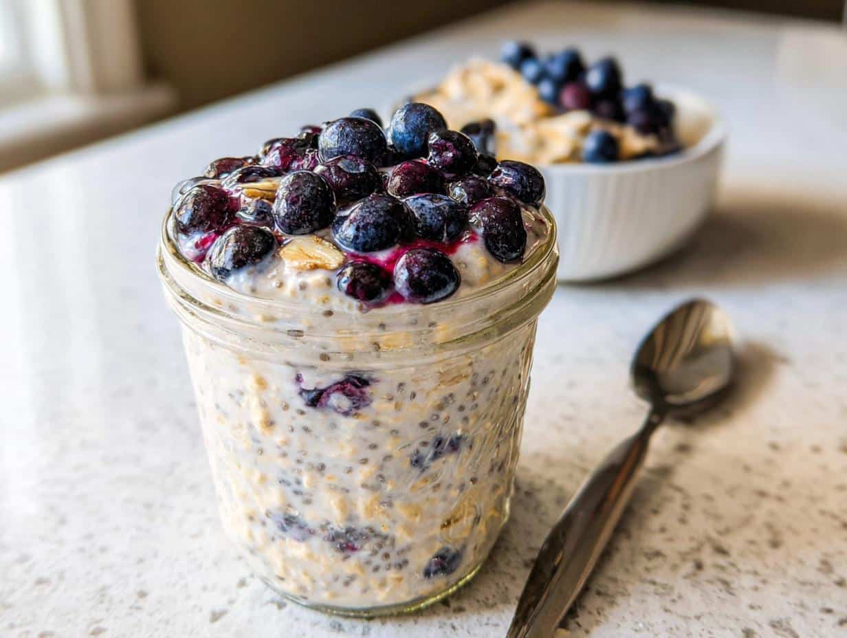 Close-up of Blueberry Almond Overnight Oats in a glass jar, topped generously with fresh blueberries.