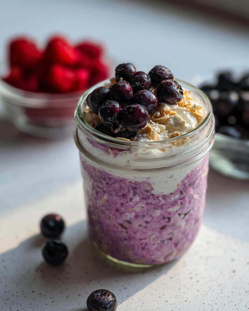 A jar of purple blueberry overnight oats topped with cottage cheese and fresh blueberries.