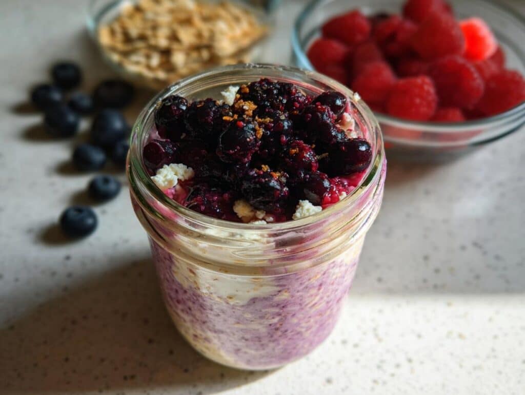 Close-up of blueberry overnight oats with cottage cheese topped with berries in a jar.