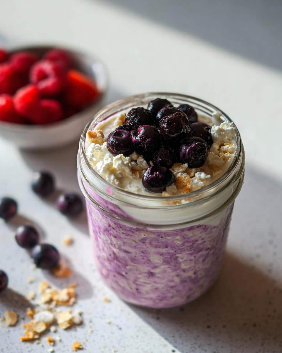 Jar of purple blueberry overnight oats topped with cottage cheese and fresh blueberries.