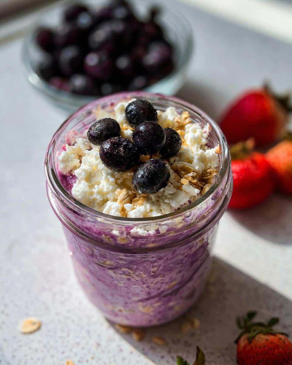 Close-up of blueberry overnight oats with cottage cheese topping and fresh blueberries, next to strawberries.