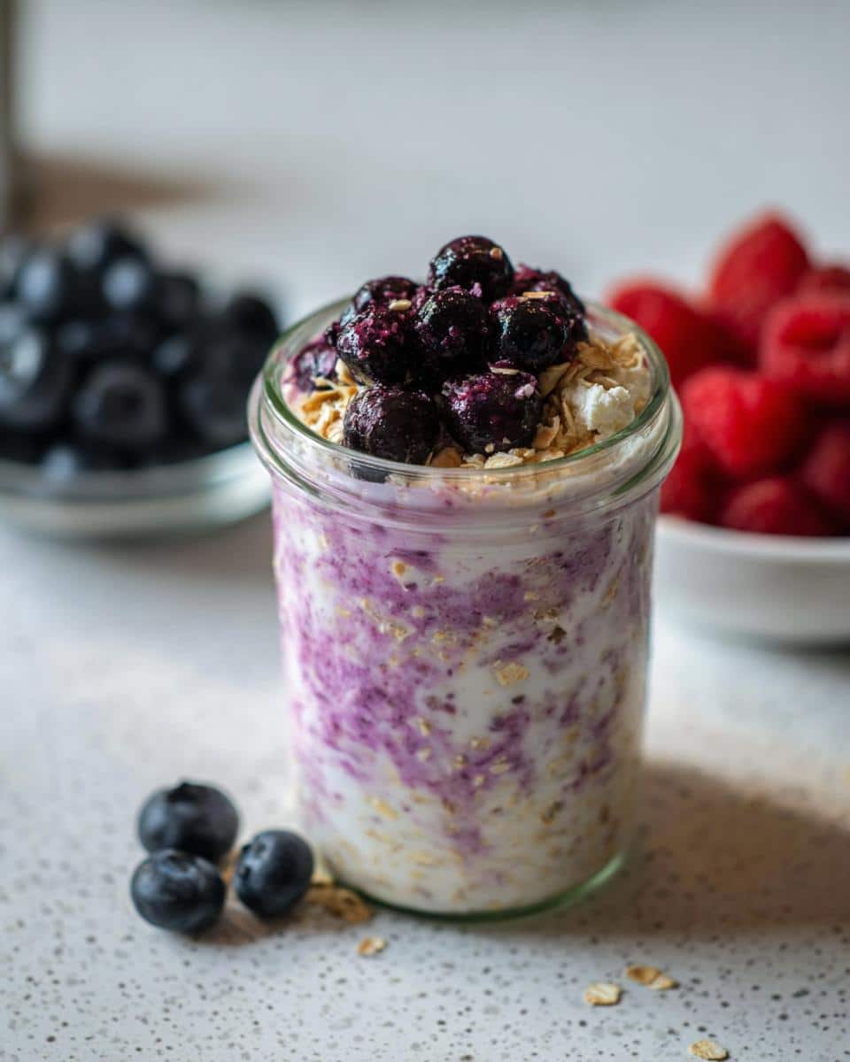 A jar of overnight oats mixed with purple berry puree, topped with cottage cheese and blueberries, next to fresh berries.