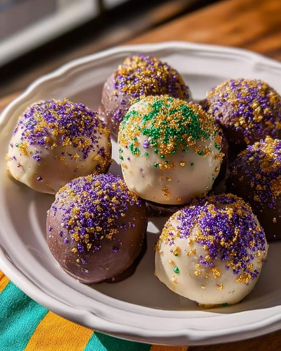 A plate holding several Boozy King Cake Truffles dipped in white and dark chocolate and covered in Mardi Gras sprinkles.