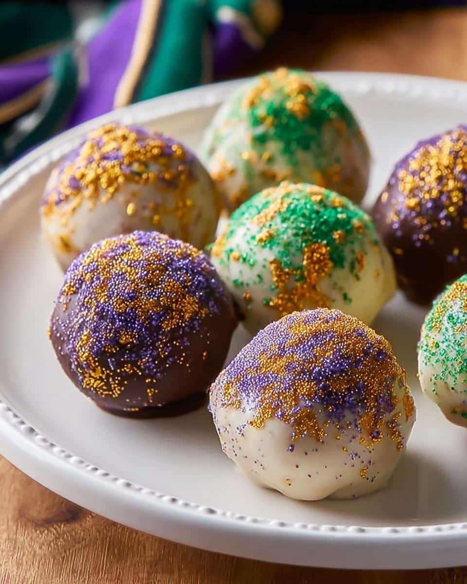A plate of colorful Boozy King Cake Truffles decorated with purple, green, and gold Mardi Gras sprinkles.
