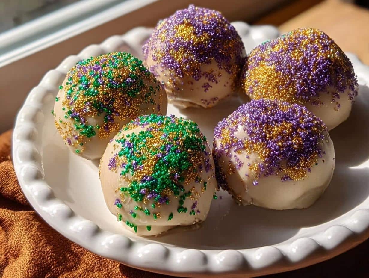 Five white chocolate-covered Boozy King Cake Truffles topped with purple, green, and gold Mardi Gras sprinkles on a white plate.