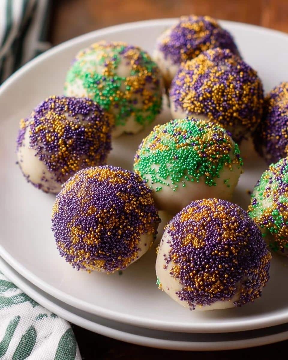 A close-up of several Boozy King Cake Truffles coated in white chocolate and covered in purple, green, and gold sprinkles.