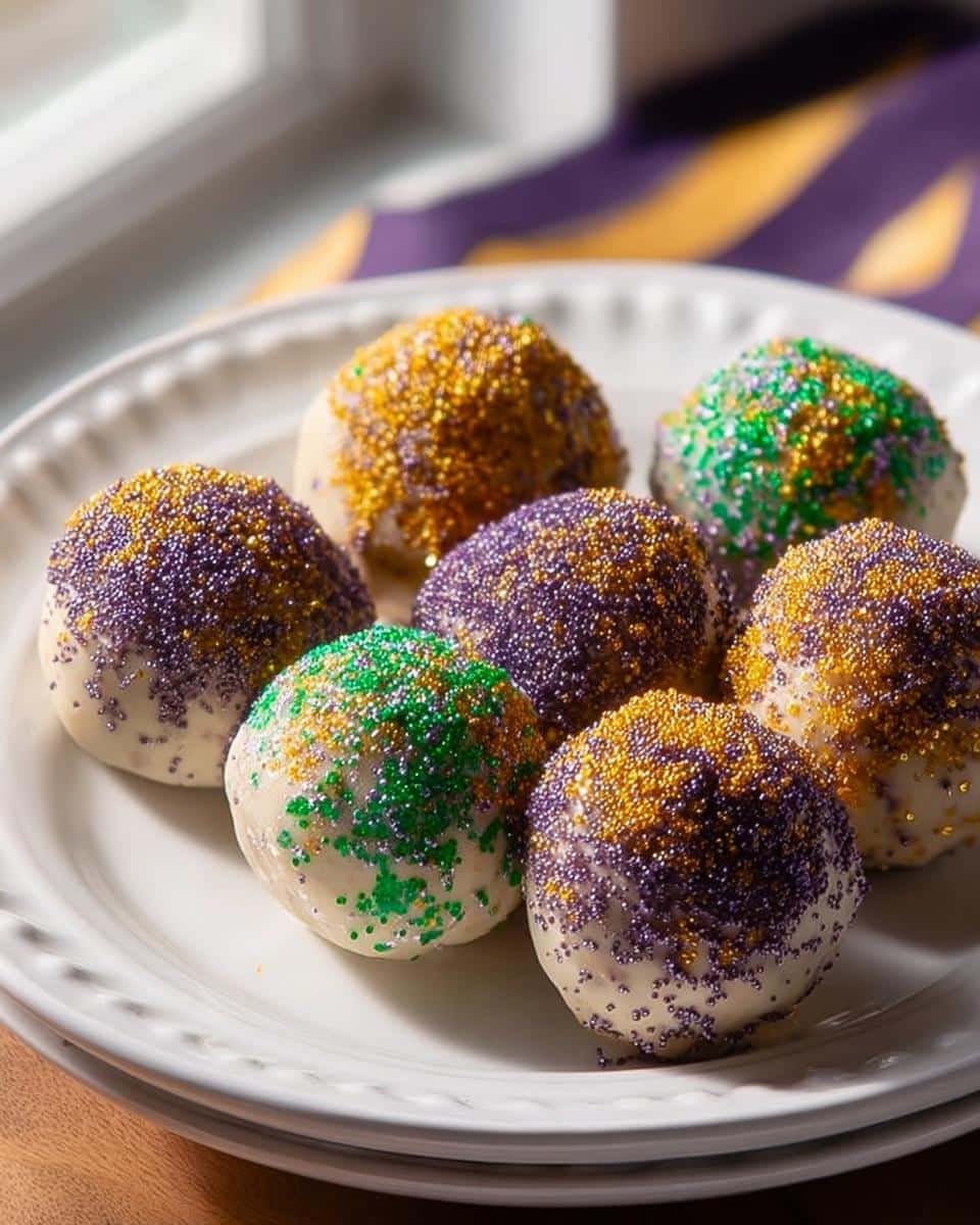 Close-up of seven Boozy King Cake Truffles coated in white chocolate and decorated with purple, green, and gold sprinkles.