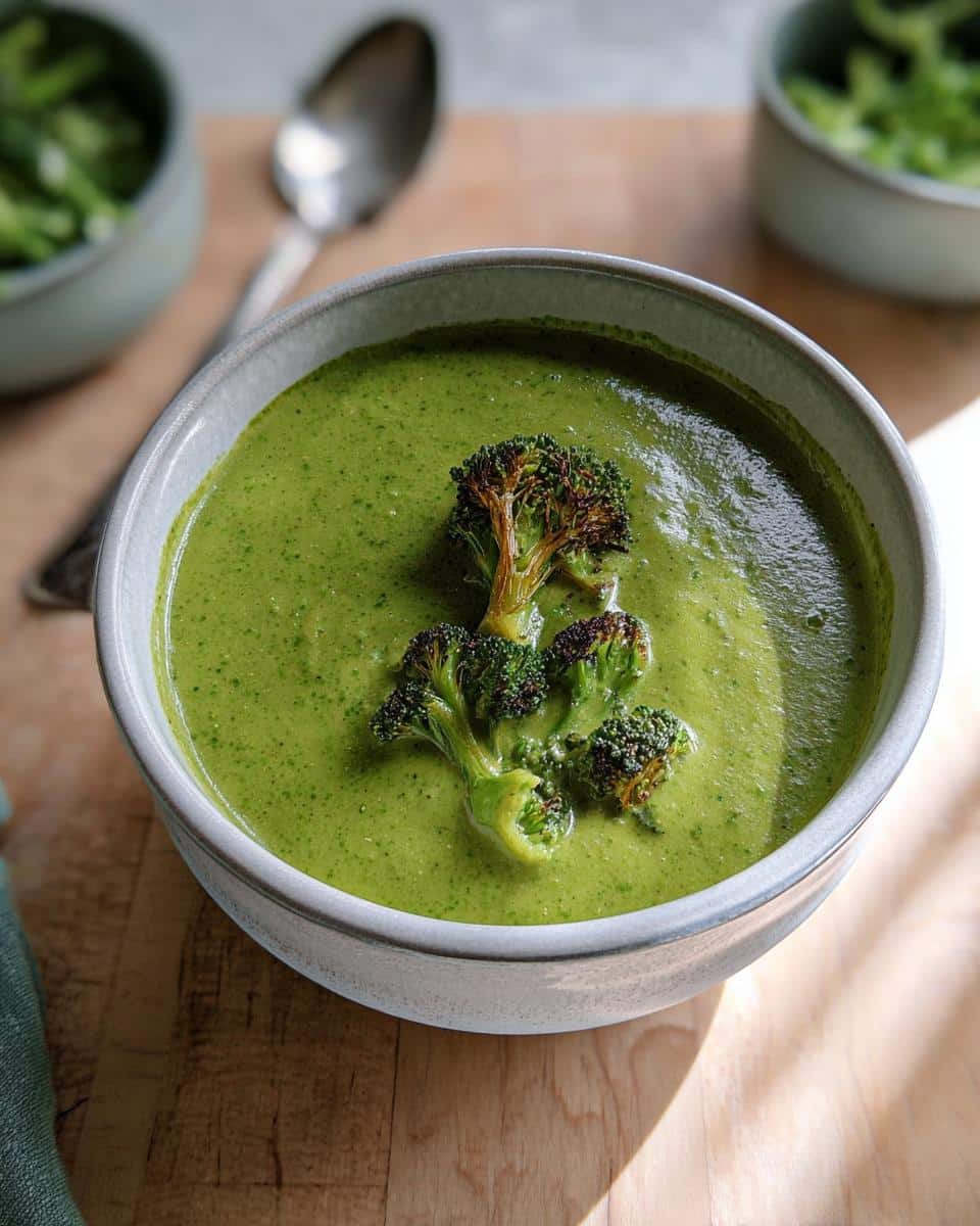 A bowl of vibrant Broccoli Spinach Green Soup topped with roasted broccoli florets.