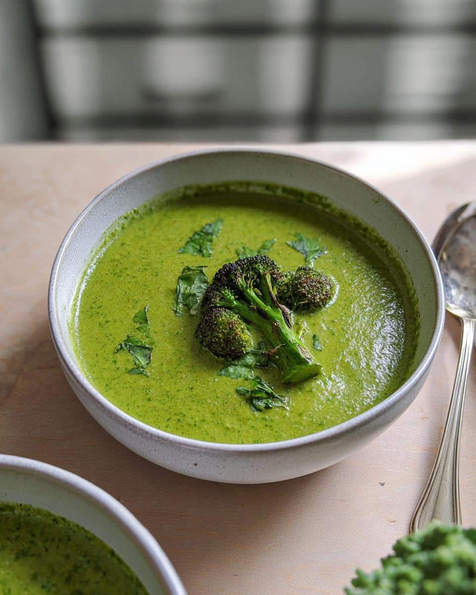 A close-up of a bowl filled with vibrant Broccoli Spinach Green Soup, garnished with a roasted broccoli floret.