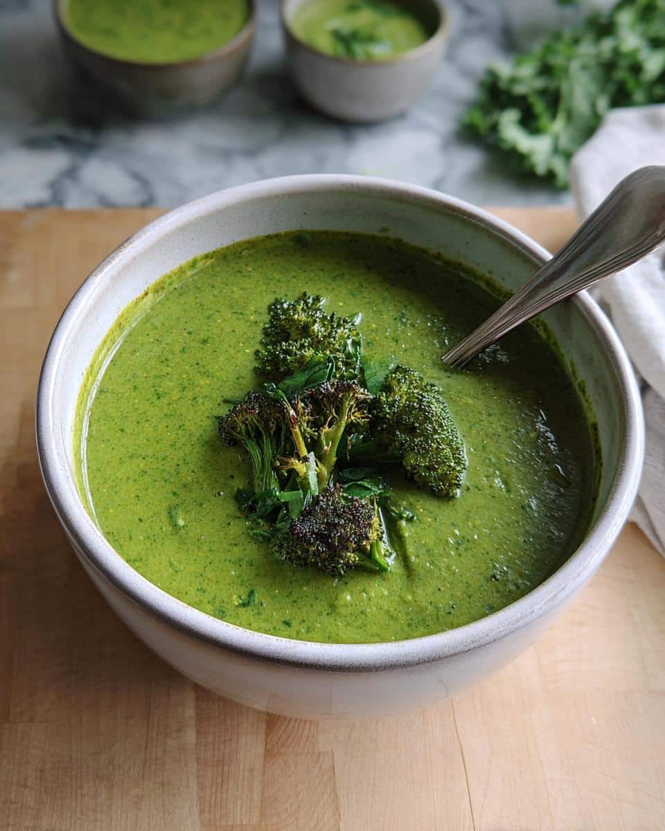 A close-up of a creamy, vibrant Broccoli Spinach Green Soup garnished with roasted broccoli florets.