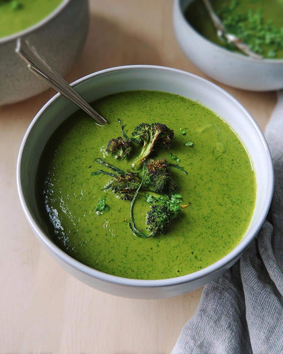 A close-up of a bowl of vibrant green Broccoli Spinach Green Soup, garnished with roasted broccoli florets.