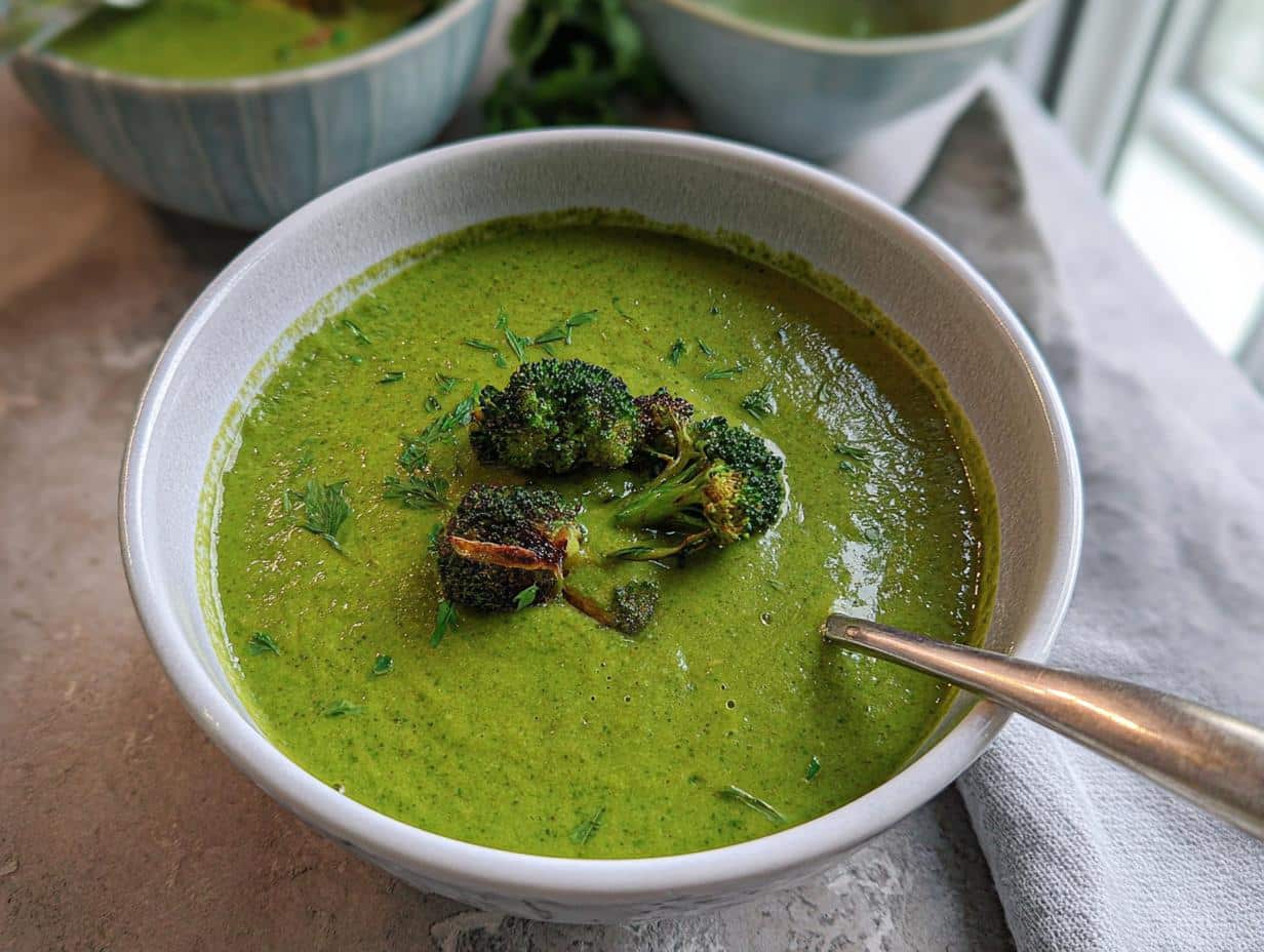 Close-up of a bowl of vibrant Broccoli Spinach Green Soup, garnished with roasted broccoli florets and herbs.