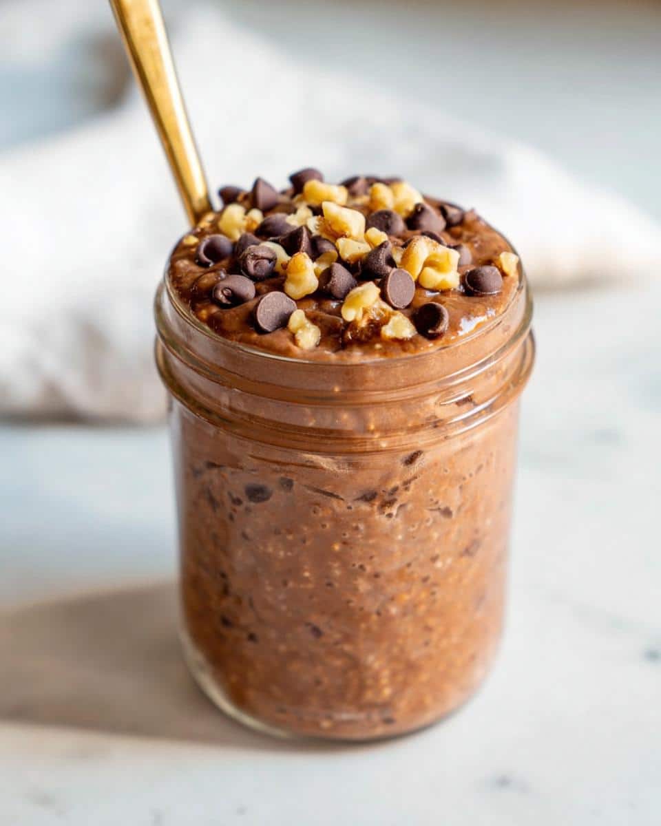 Close-up of Brownie Batter Overnight Oats in a jar, topped with chocolate chips and chopped walnuts.