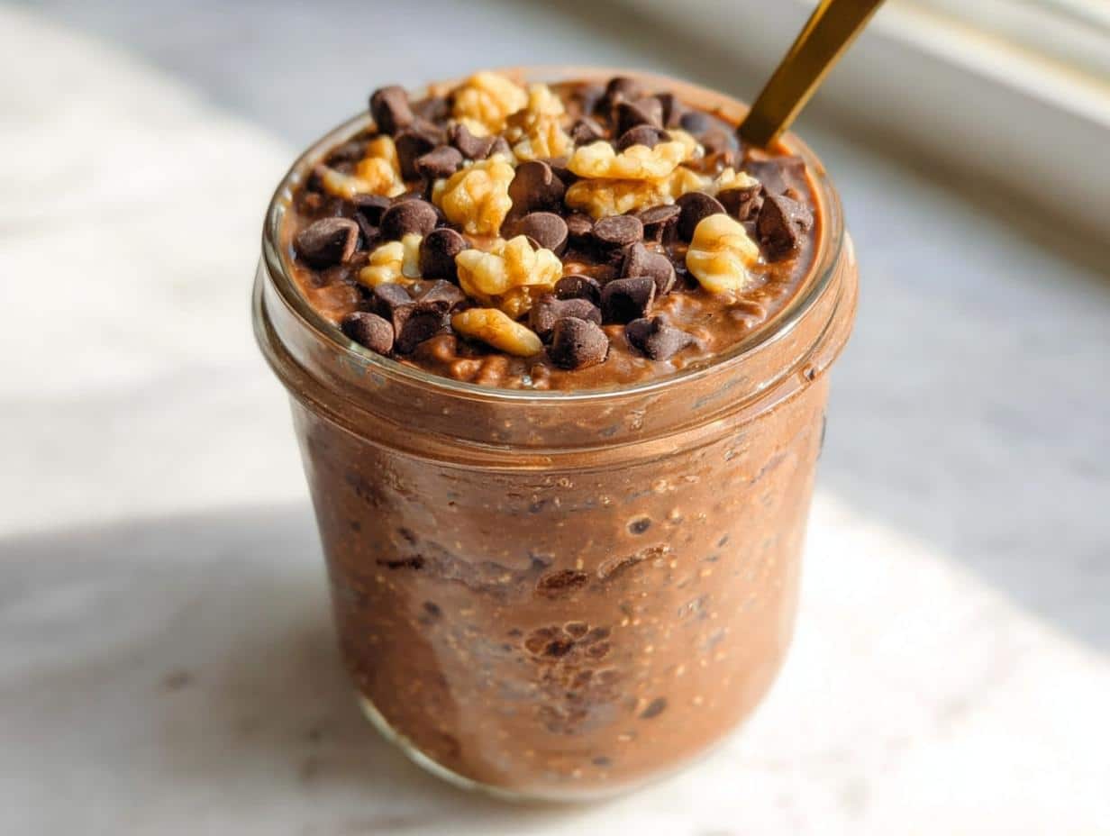 A jar filled with rich Brownie Batter Overnight Oats topped with chocolate chips and walnuts.