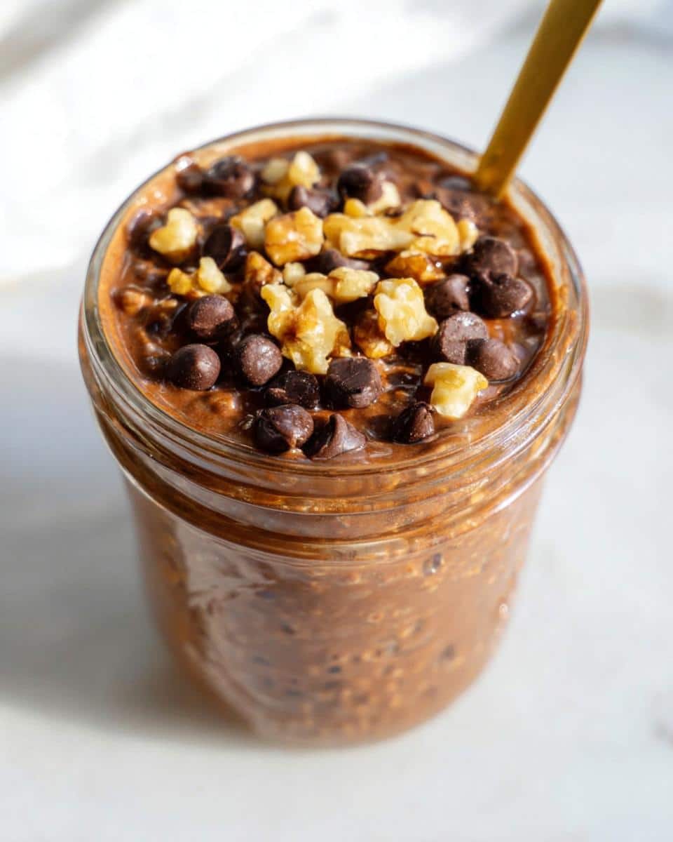 Close-up of Brownie Batter Overnight Oats in a jar, topped with chocolate chips and walnuts.