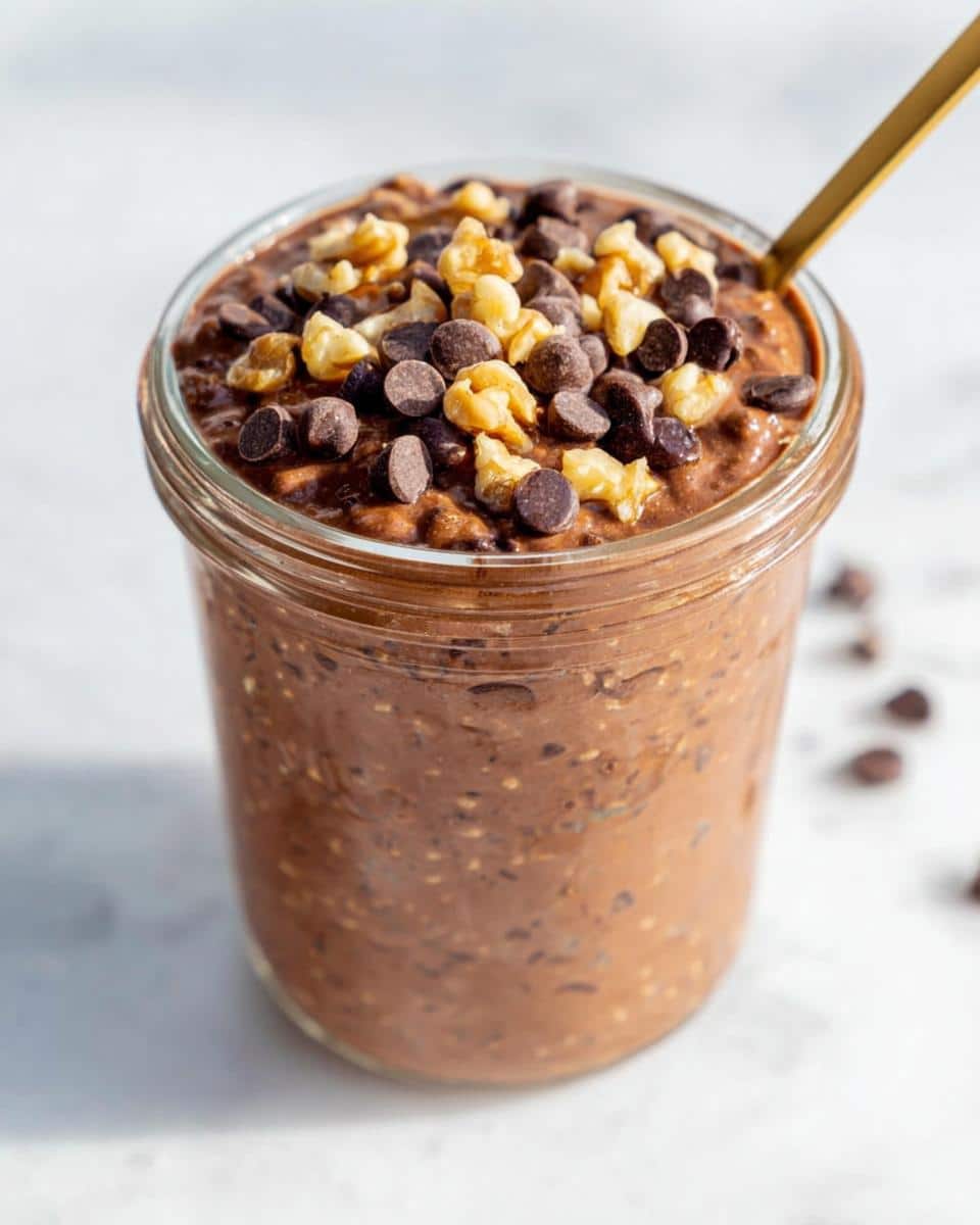 Close-up of Brownie Batter Overnight Oats in a glass jar, topped with chocolate chips and walnuts.