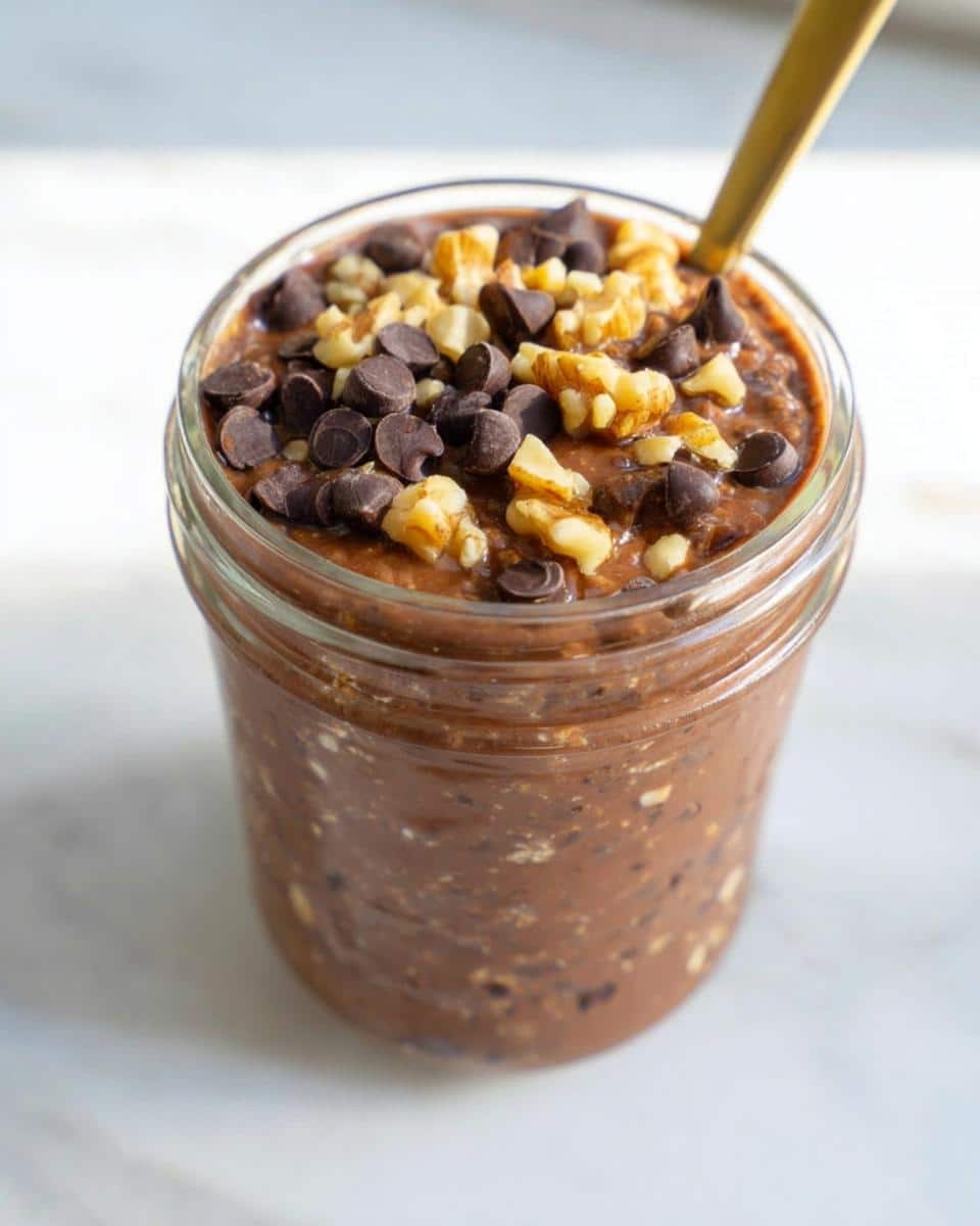 Close-up of Brownie Batter Overnight Oats in a jar, topped with chocolate chips and walnuts.