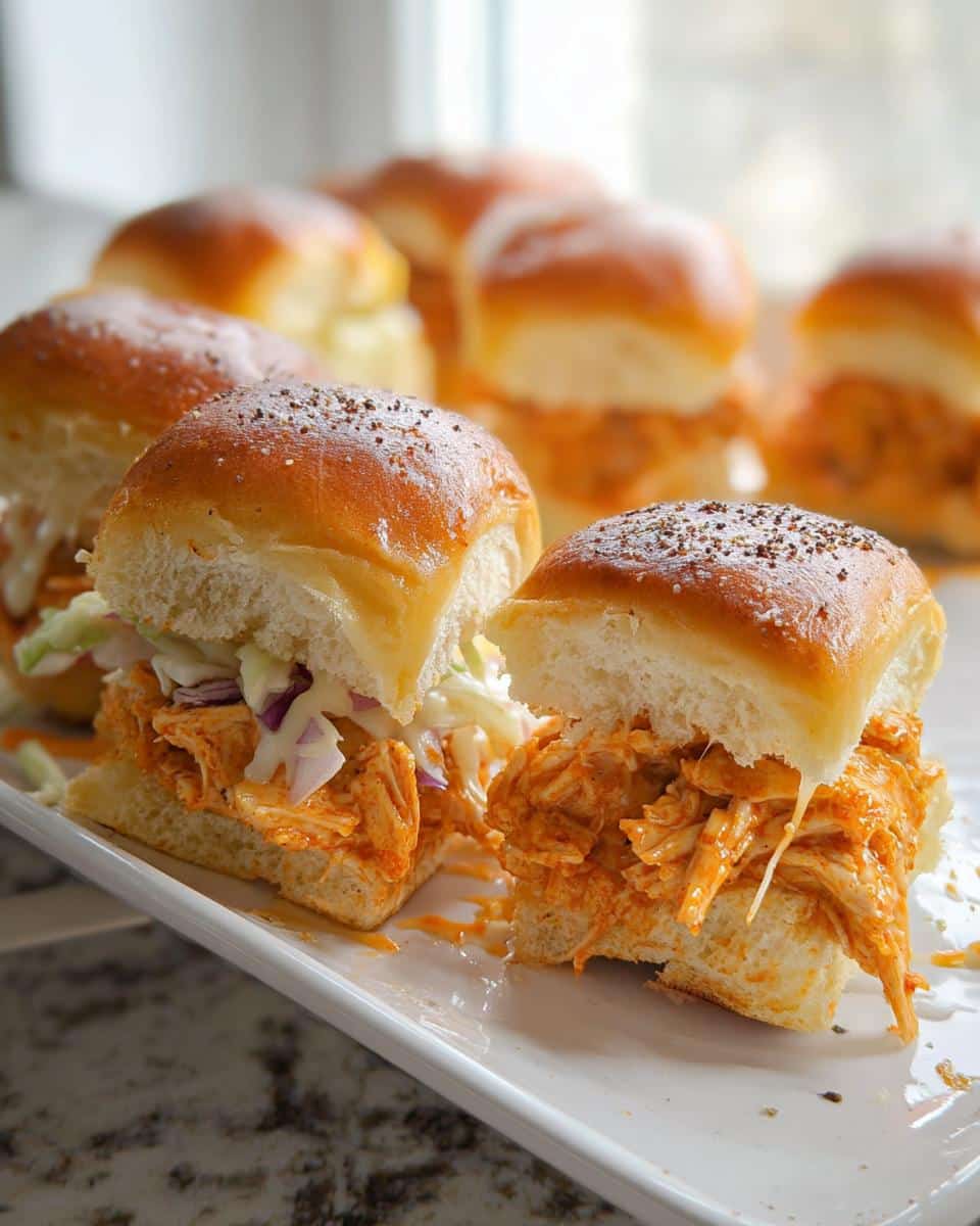 Two Buffalo Chicken Sliders are featured prominently, filled with shredded spicy chicken and coleslaw on poppy seed buns.