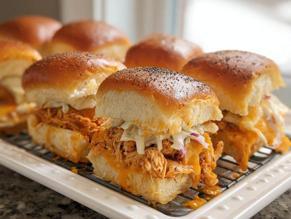 Close-up of gooey Buffalo Chicken Sliders topped with coleslaw, resting on a wire rack over a white platter.