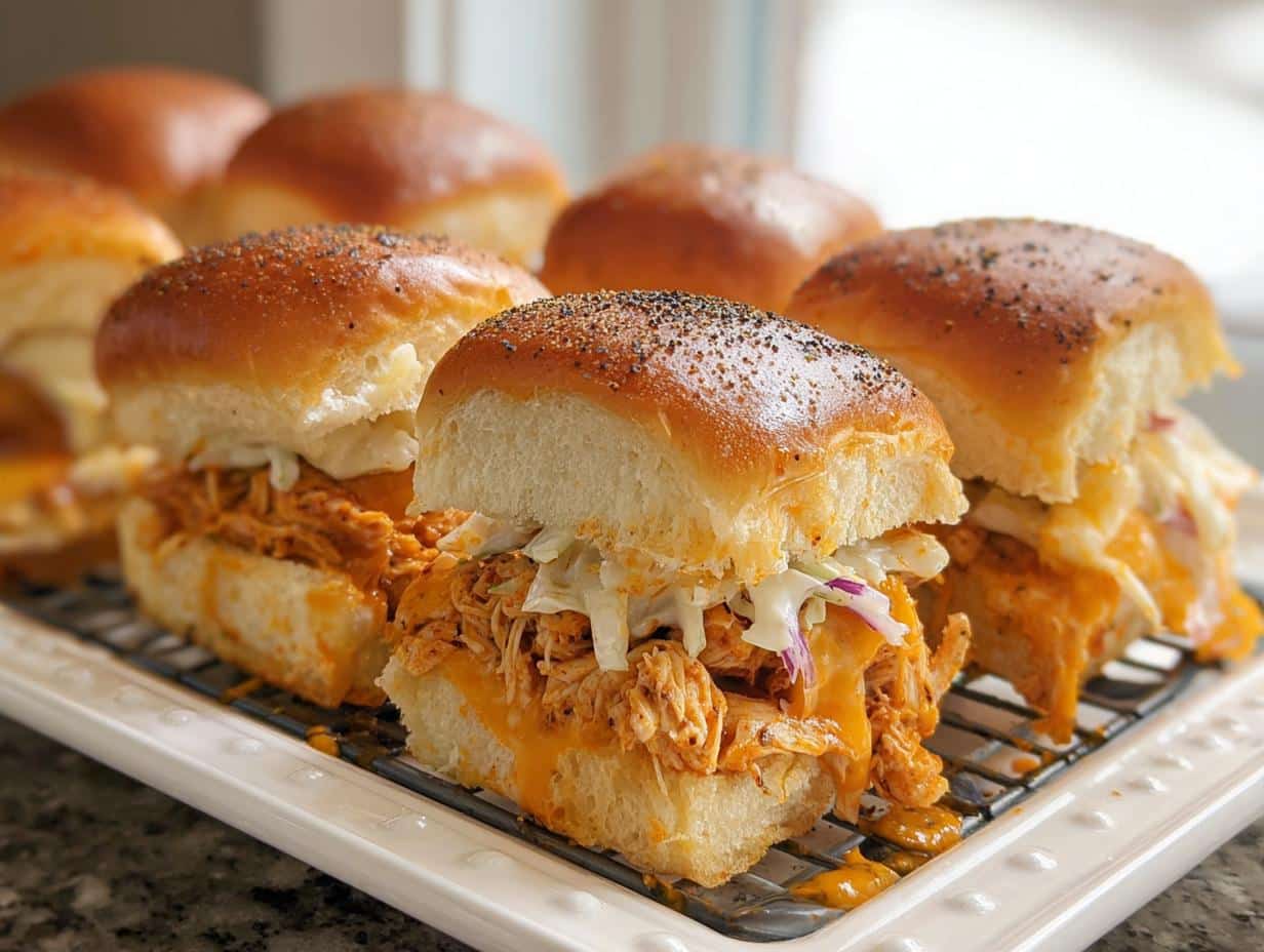 Close-up of gooey Buffalo Chicken Sliders topped with coleslaw, resting on a wire rack over a white platter.
