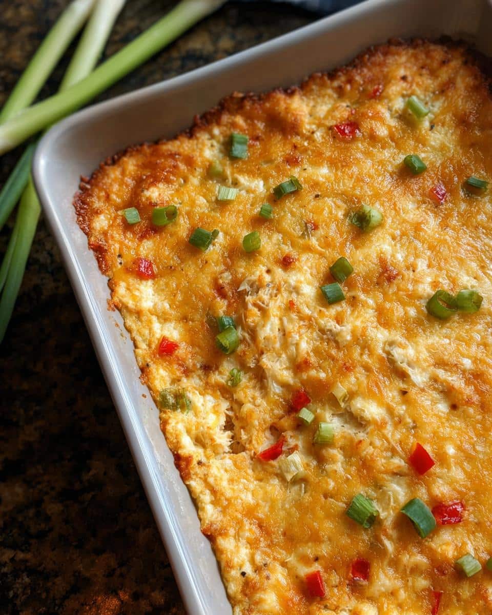 Close-up of a baked Cajun Crab Dip with a golden, bubbly cheese topping, garnished with chopped green onions and red peppers.