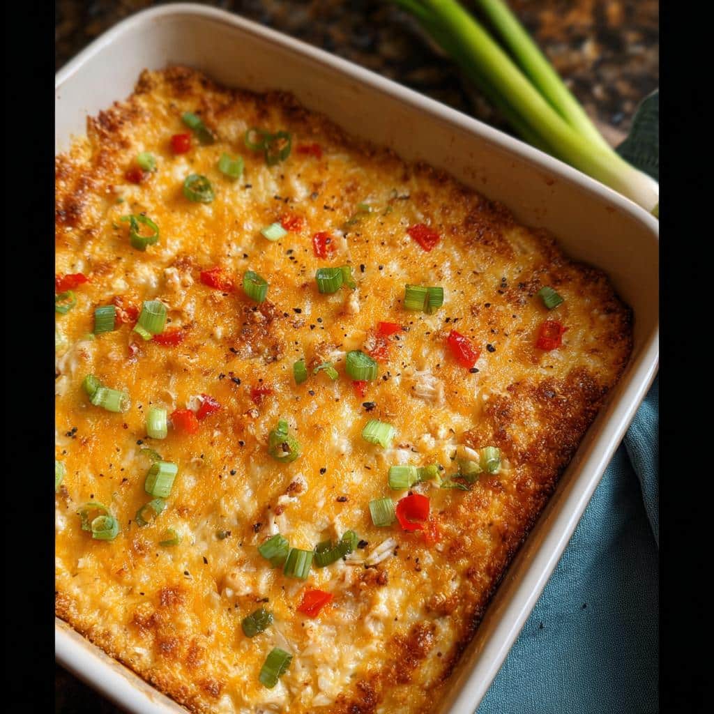 Close-up of baked Cajun Crab Dip with melted cheese, topped with chopped green onions and red peppers.