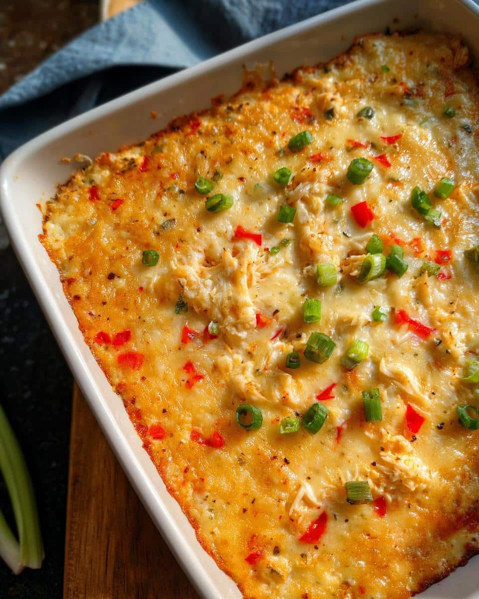 Close-up of hot, baked Cajun Crab Dip topped with melted cheese, red peppers, and green onions.