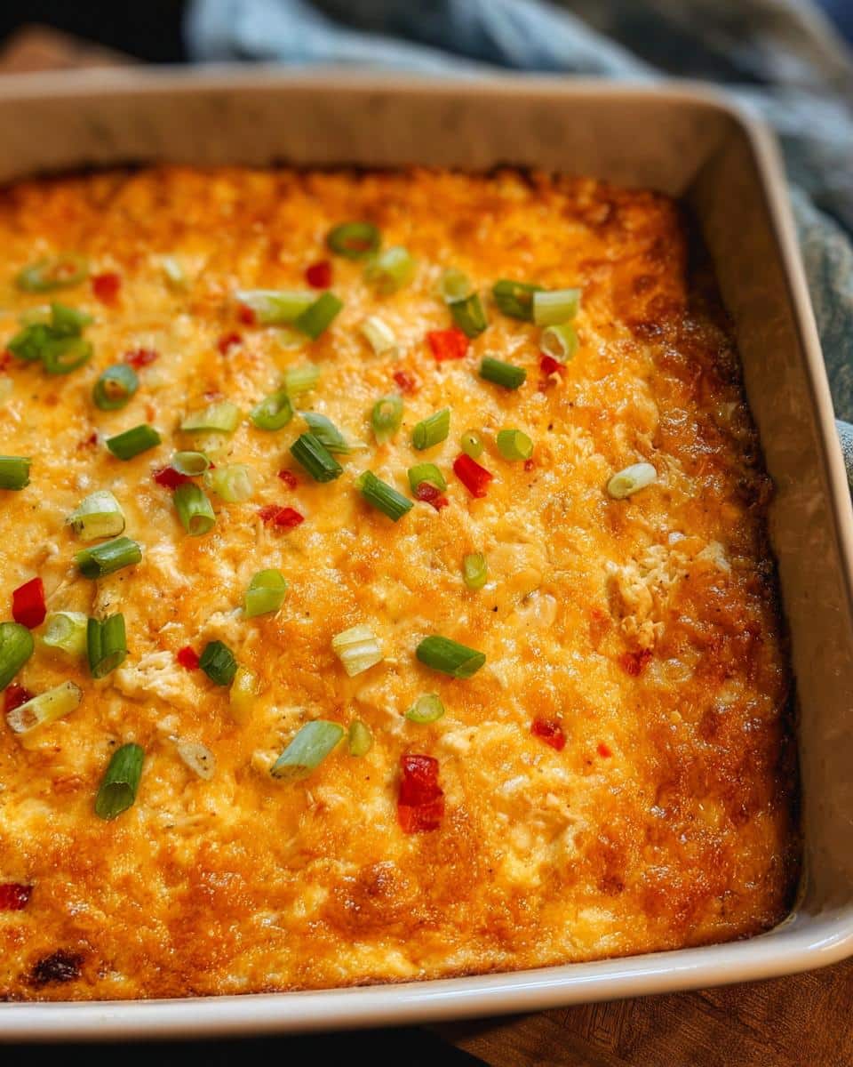 Close-up of hot, baked Cajun Crab Dip topped with chopped green onions and red peppers.