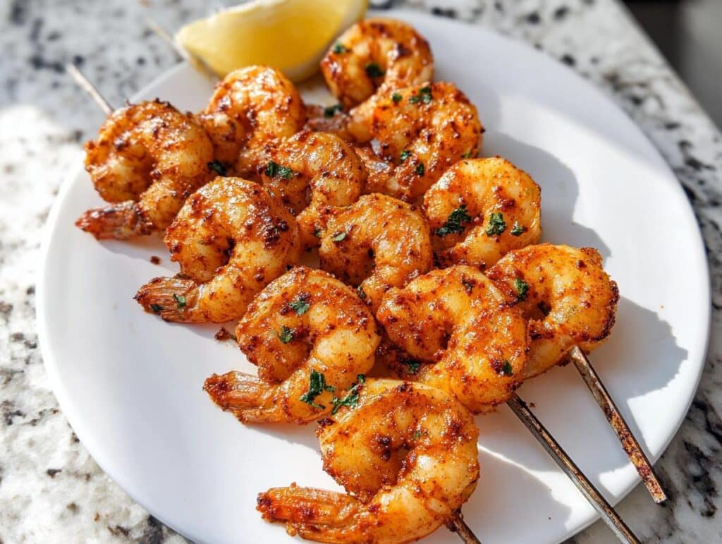 Close-up of several Cajun Shrimp Skewers seasoned with spices and garnished with parsley, served with a lemon wedge.