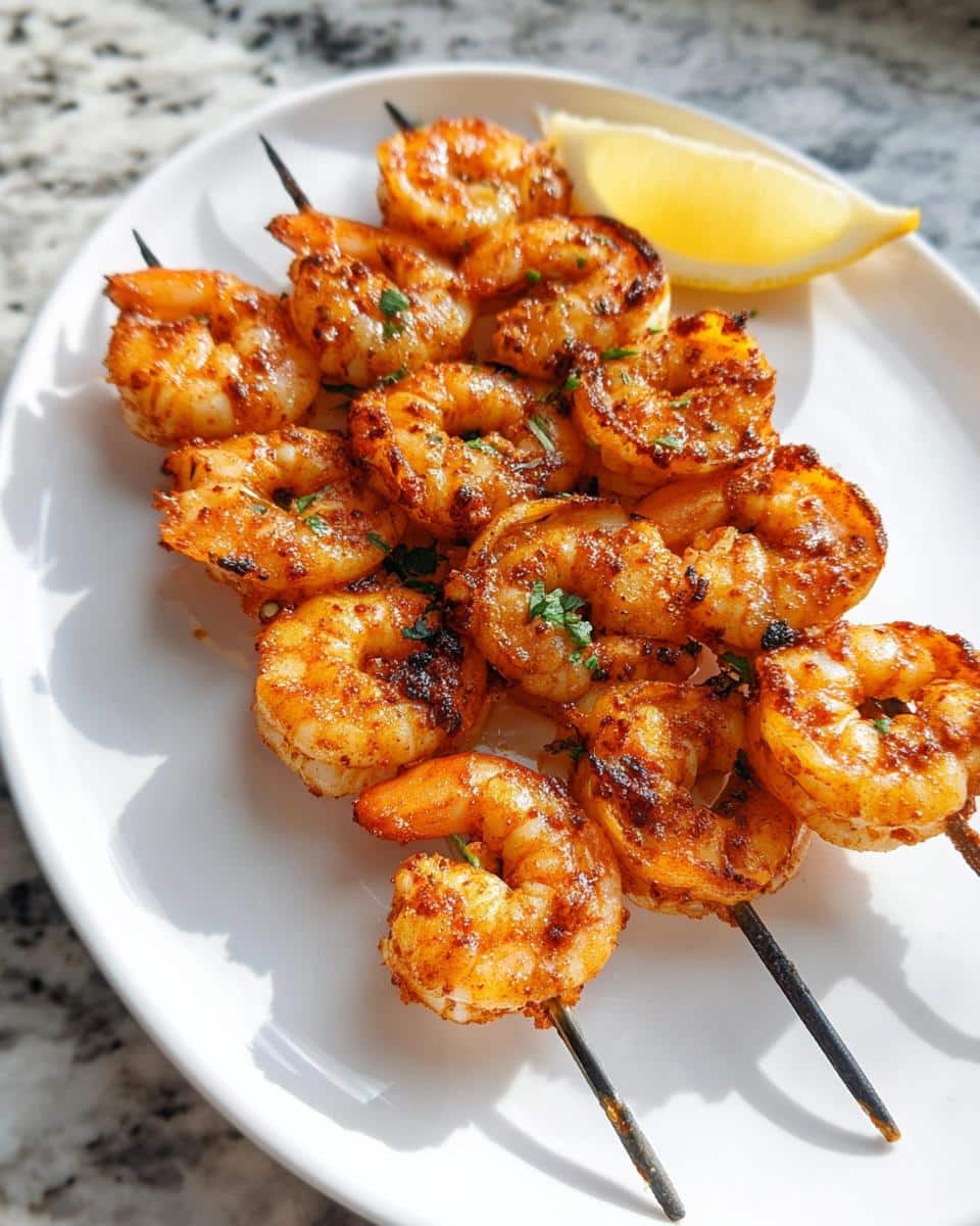 Three skewers of perfectly grilled Cajun Shrimp Skewers, seasoned with spices and garnished with parsley, served with a lemon wedge.