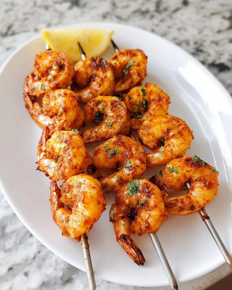 Close-up of several grilled Cajun Shrimp Skewers resting on a white plate with a lemon wedge garnish.