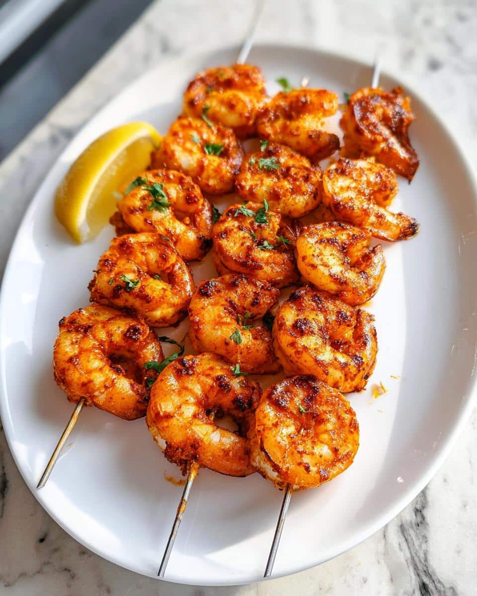 Close-up of three metal skewers loaded with seasoned Cajun Shrimp Skewers, garnished with parsley and a lemon wedge.