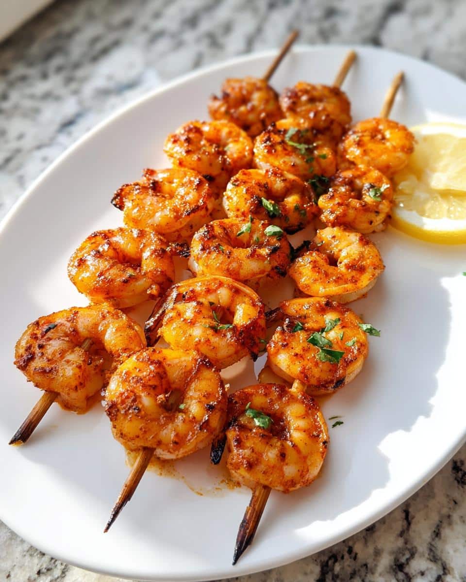 Close-up of several grilled Cajun Shrimp Skewers seasoned with spices and garnished with parsley, served with lemon wedges.