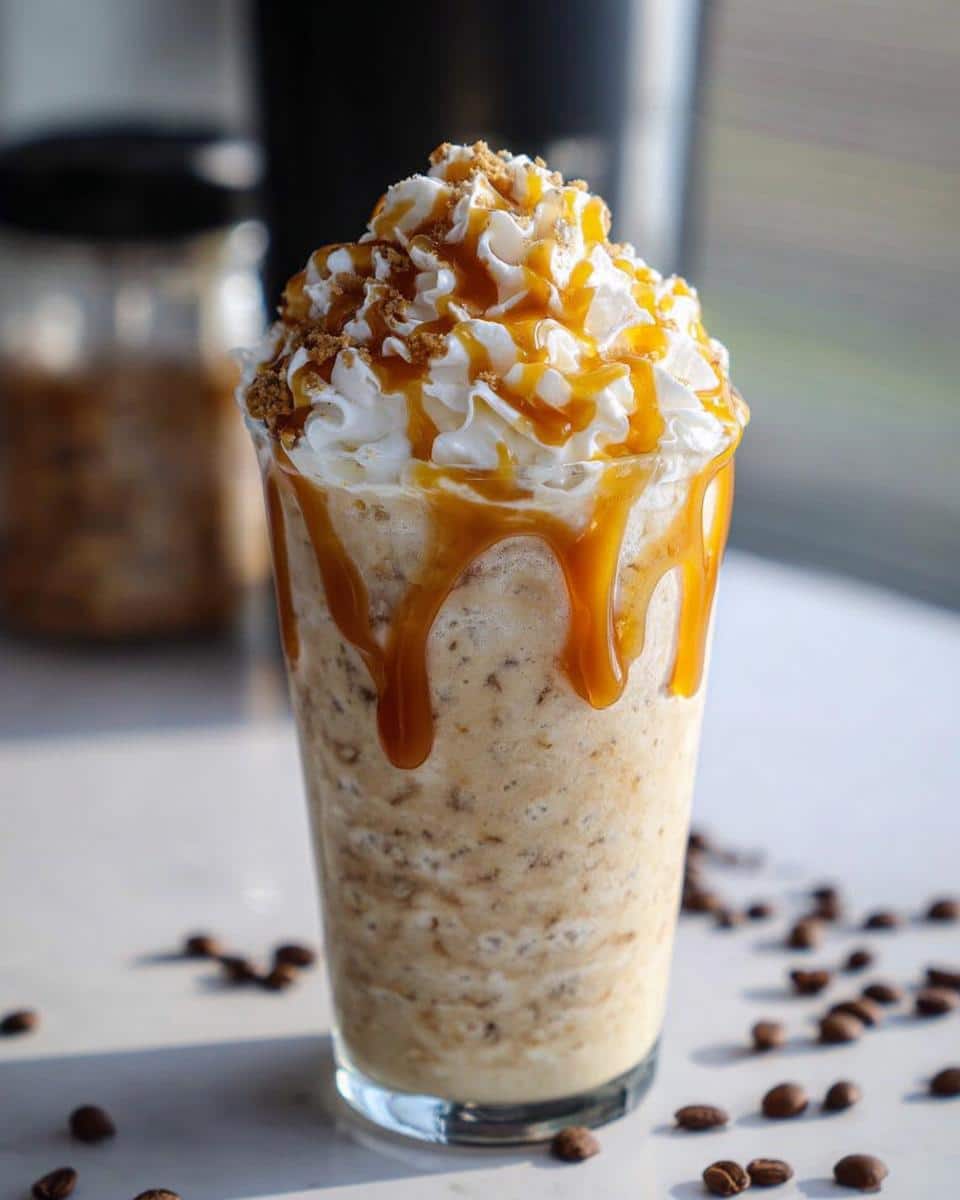 A tall glass filled with a blended Caramel Cookies n Cream Drink, topped high with whipped cream and caramel drizzle.