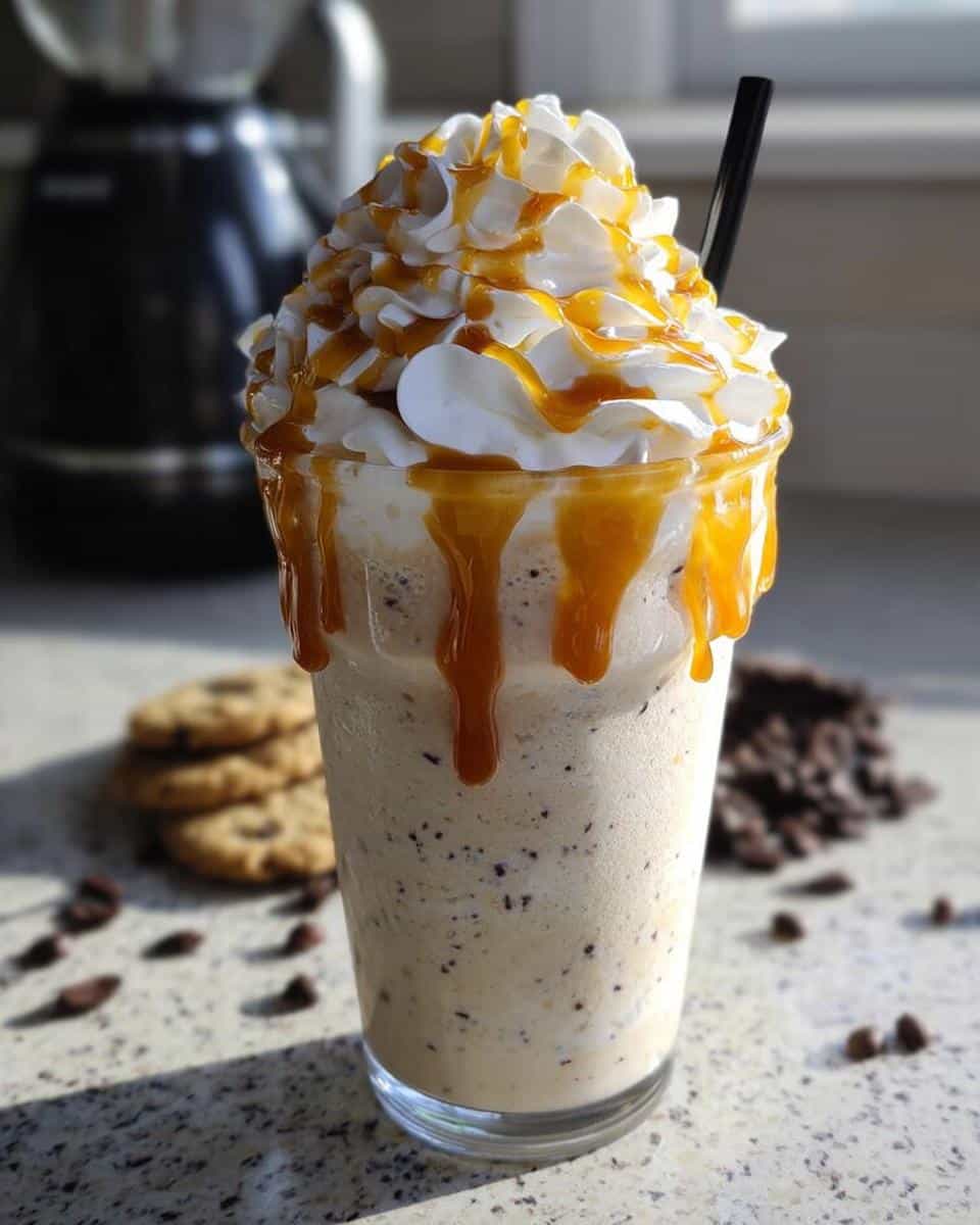 A tall glass of Caramel Cookies n Cream Drink topped with whipped cream and drizzled with caramel sauce.