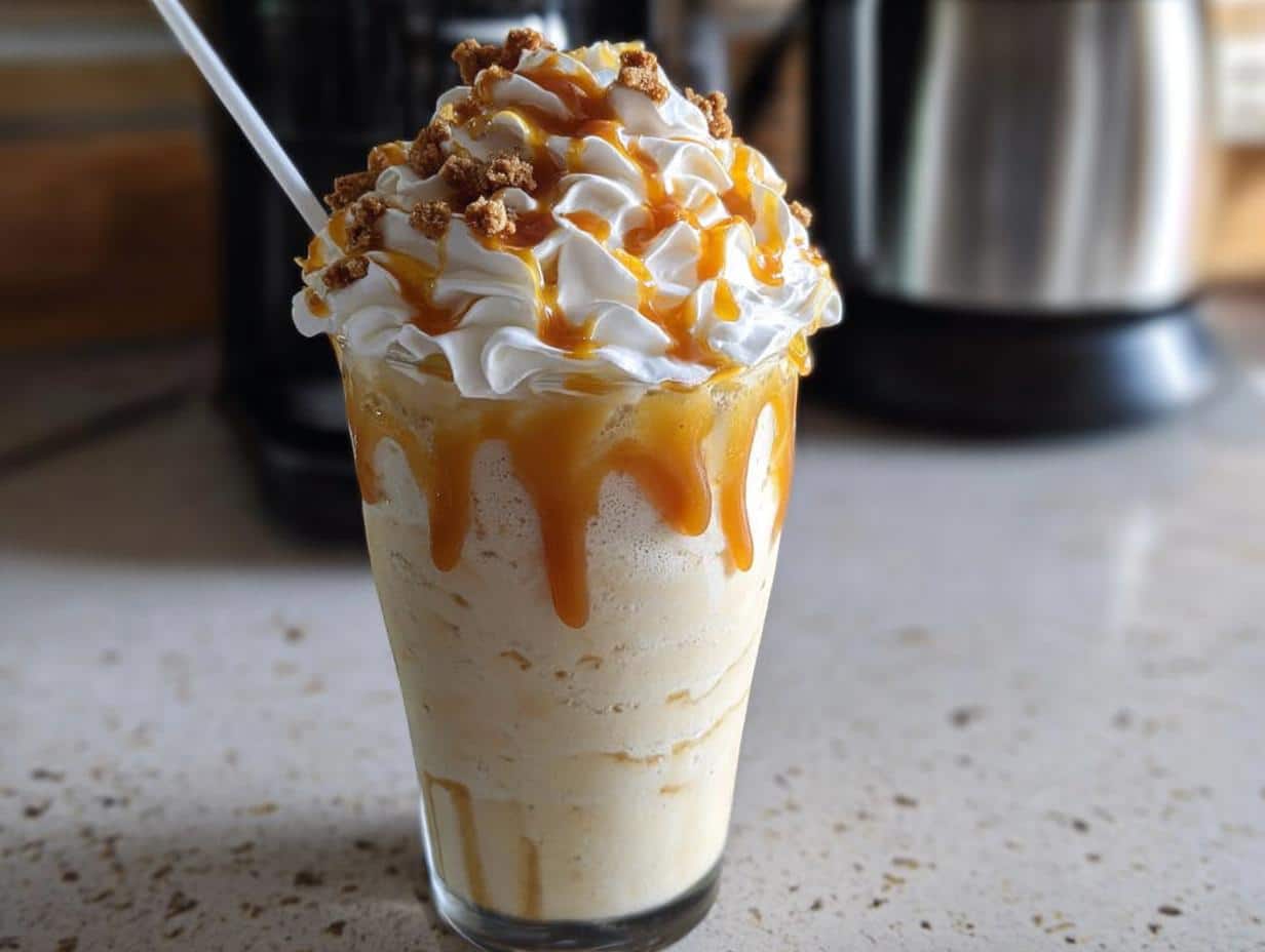 A tall glass filled with a blended Caramel Cookies n Cream Drink, topped with whipped cream, caramel drizzle, and cookie crumbles.
