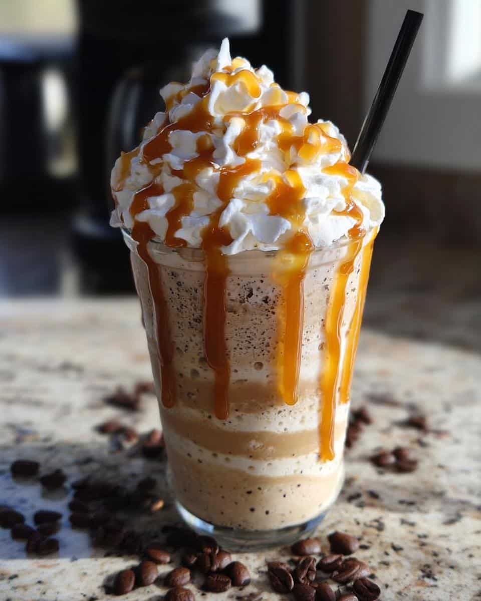 Tall glass of layered Caramel Cookies n Cream Drink topped with whipped cream and caramel drizzle.