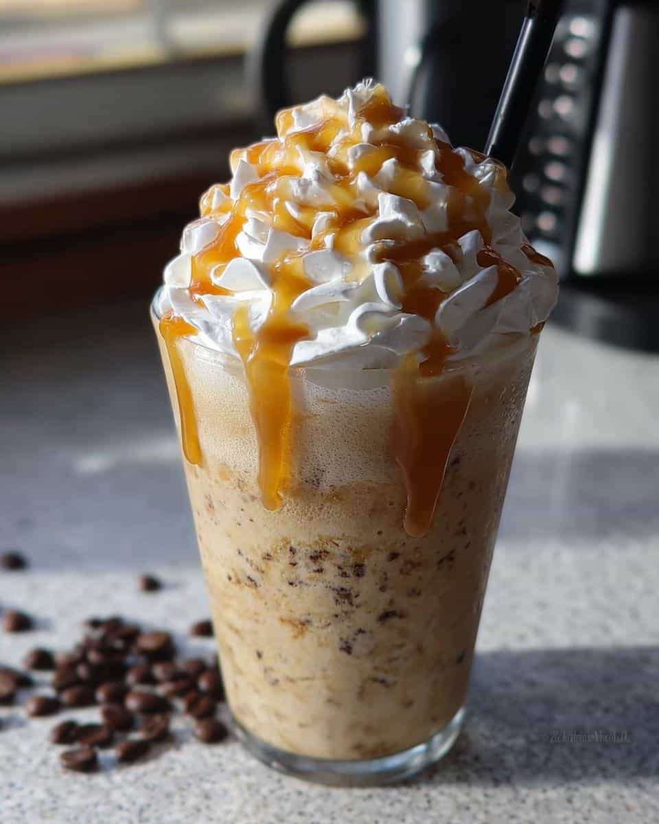 A tall glass of Caramel Cookies n Cream Drink topped with whipped cream and caramel drizzle, with coffee beans scattered nearby.