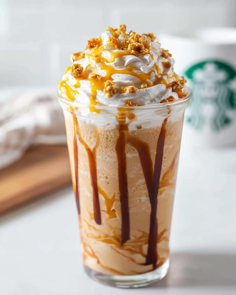 A tall glass of Caramel Ribbon Crunch Frap Copycat, layered with caramel drizzle, whipped cream, and crunchy topping.