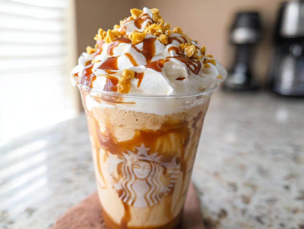 A homemade Caramel Ribbon Crunch Frap Copycat topped high with whipped cream, caramel drizzle, and crunchy toffee pieces.