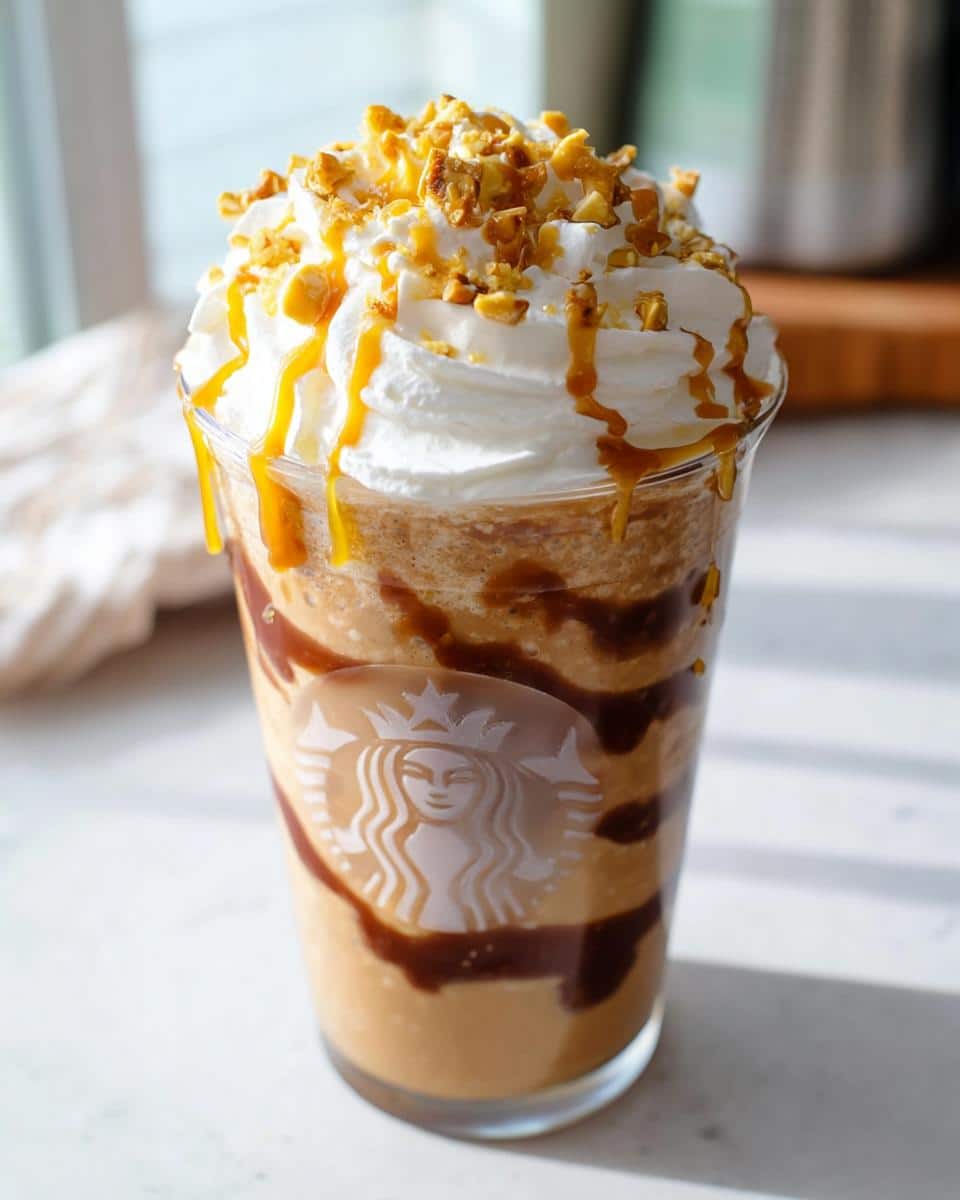 A tall, blended Caramel Ribbon Crunch Frap Copycat in a clear cup with whipped cream, caramel drizzle, and crunchy topping.