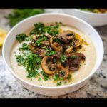 Creamy Cauliflower Detox Soup topped with savory sautéed mushrooms and fresh parsley.